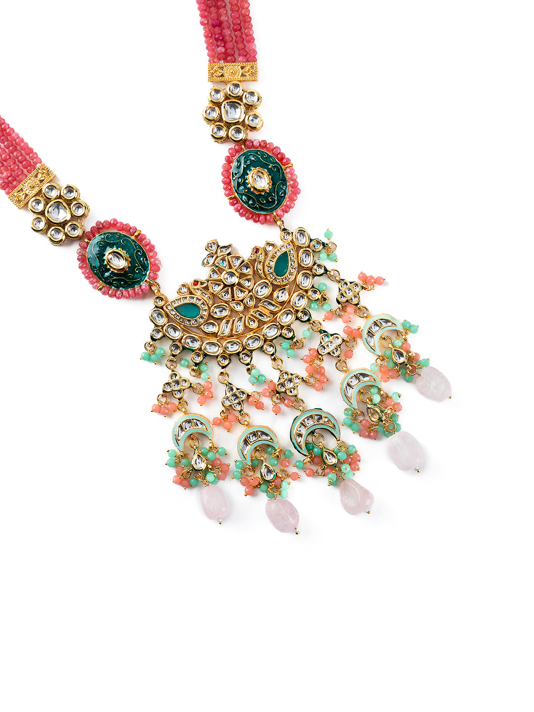 Priyaasi Red Floral Kundan Multicolor Layered Gold-Plated Jewellery Set