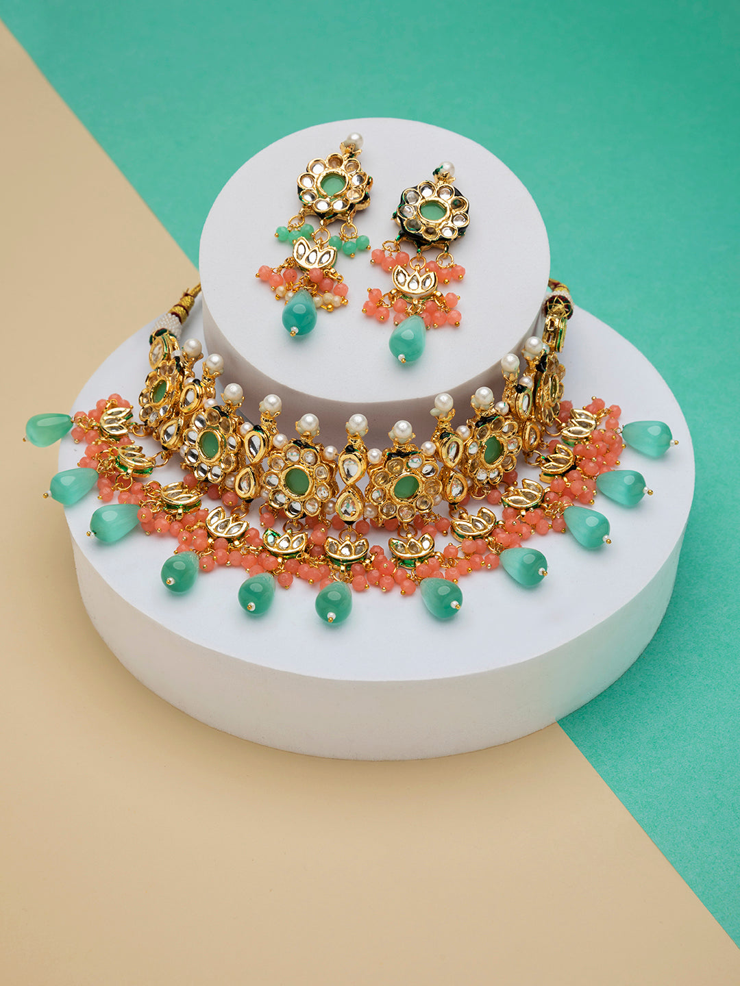 Priyaasi Sea Green Floral Kundan Peach Pearl Gold-Plated Choker Jewellery Set