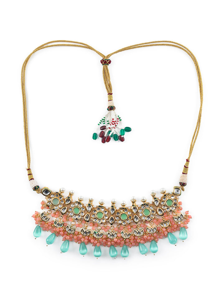 Priyaasi Sea Green Floral Kundan Peach Pearl Gold-Plated Choker Jewellery Set