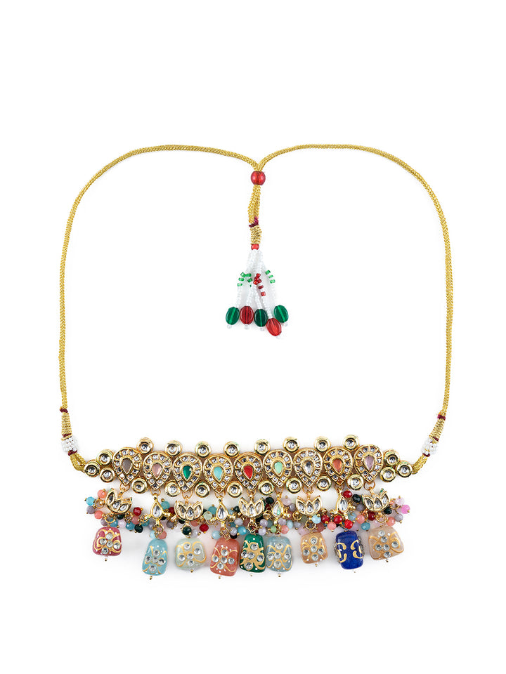 Priyaasi Multicolor Beaded Stone Studded Gold-Plated Choker Jewellery Set