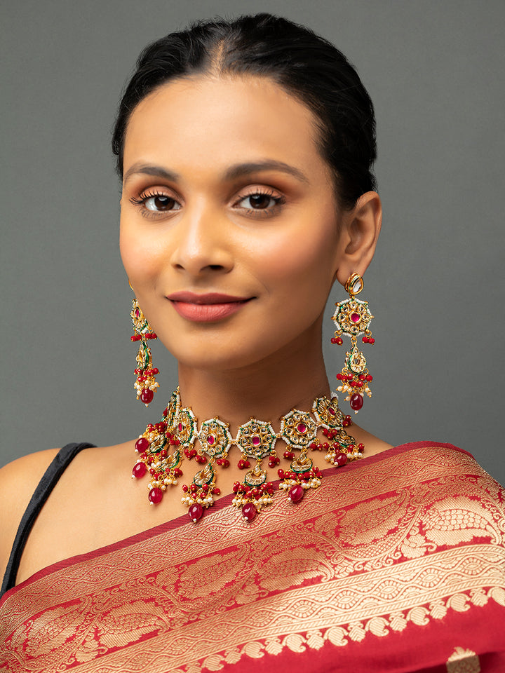 Priyaasi Red Floral Kundan Studded Beaded Gold-Plated Choker Jewellery Set