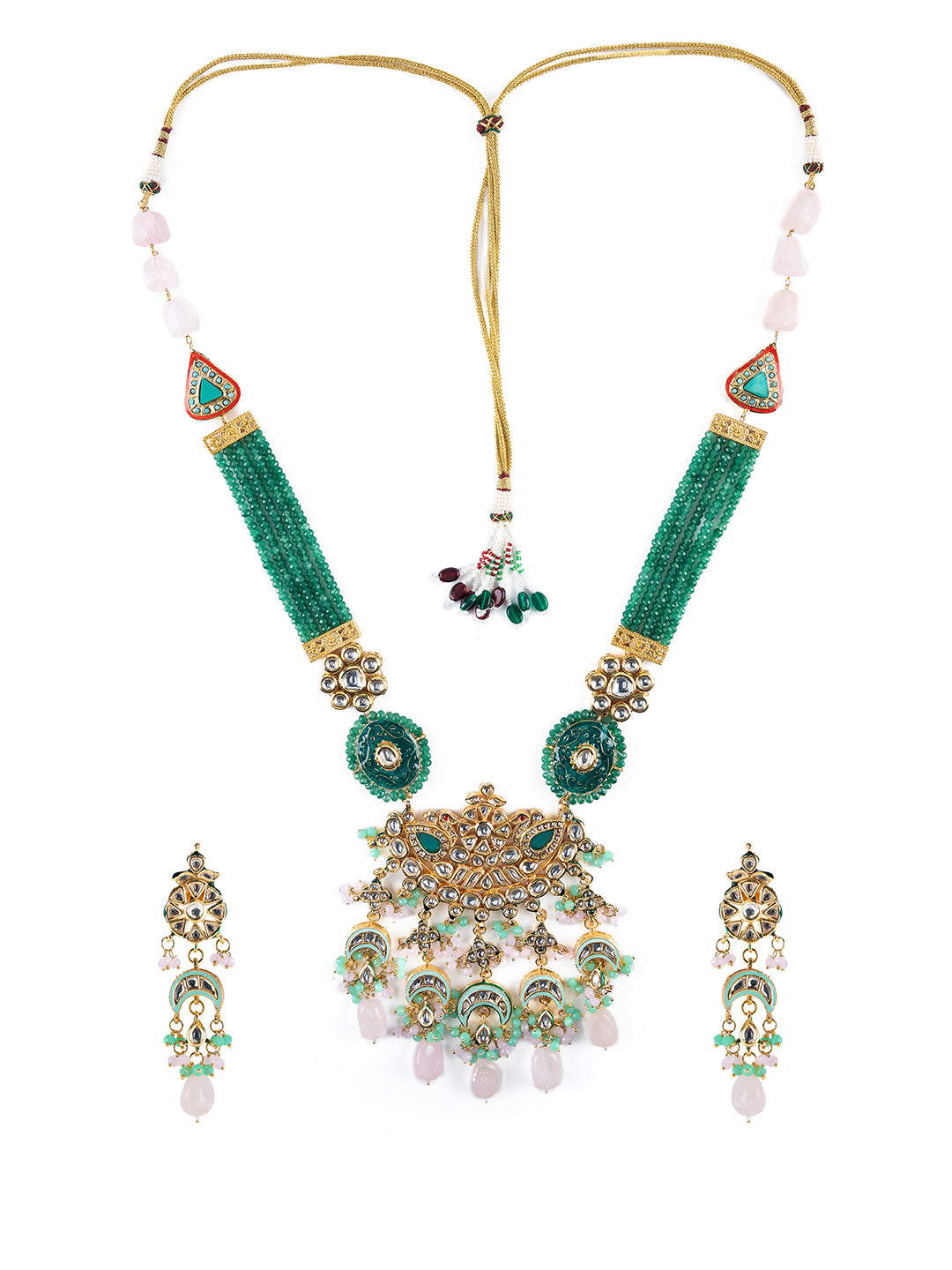 Priyaasi Green Floral Kundan Multicolor Layered Gold-Plated Jewellery Set