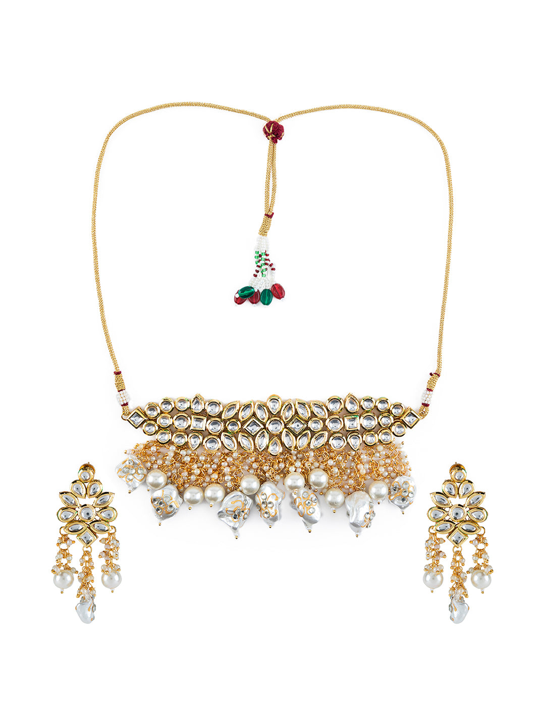 Priyaasi Floral Kundan Chunky Beads Pearl Gold-Plated Choker Jewellery Set