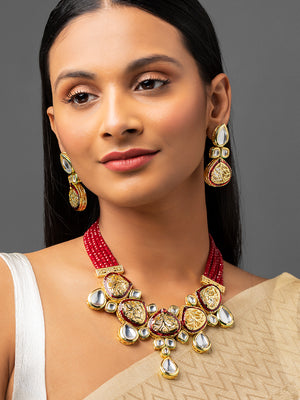 Priyaasi Elegant Kundan Studded Carved Multilayer Gold-Plated Jewellery Set