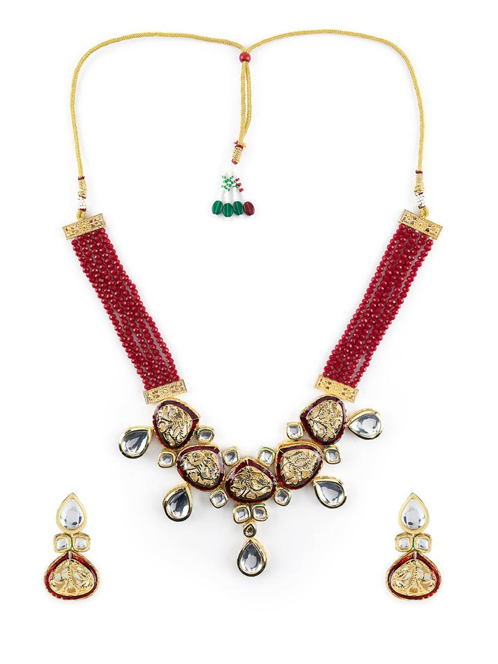 Priyaasi Elegant Kundan Studded Carved Multilayer Gold-Plated Jewellery Set