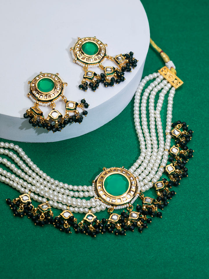 Priyaasi Green Kundan Multilayer Pearl Gold-Plated Choker Jewellery Set