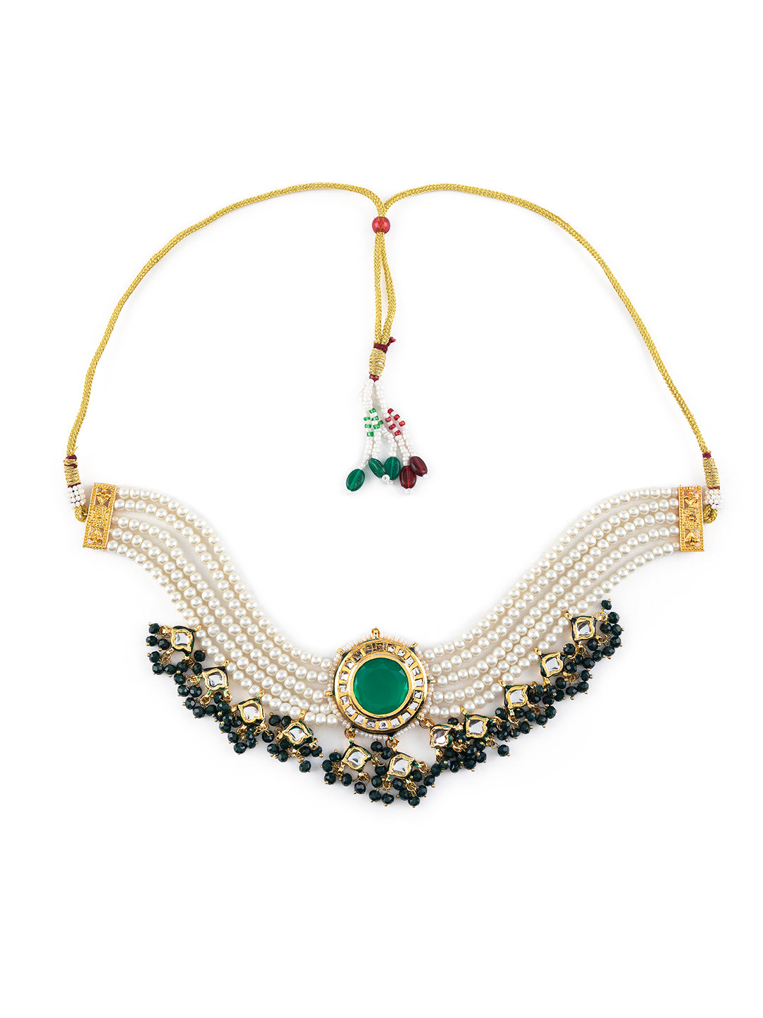 Priyaasi Green Kundan Multilayer Pearl Gold-Plated Choker Jewellery Set