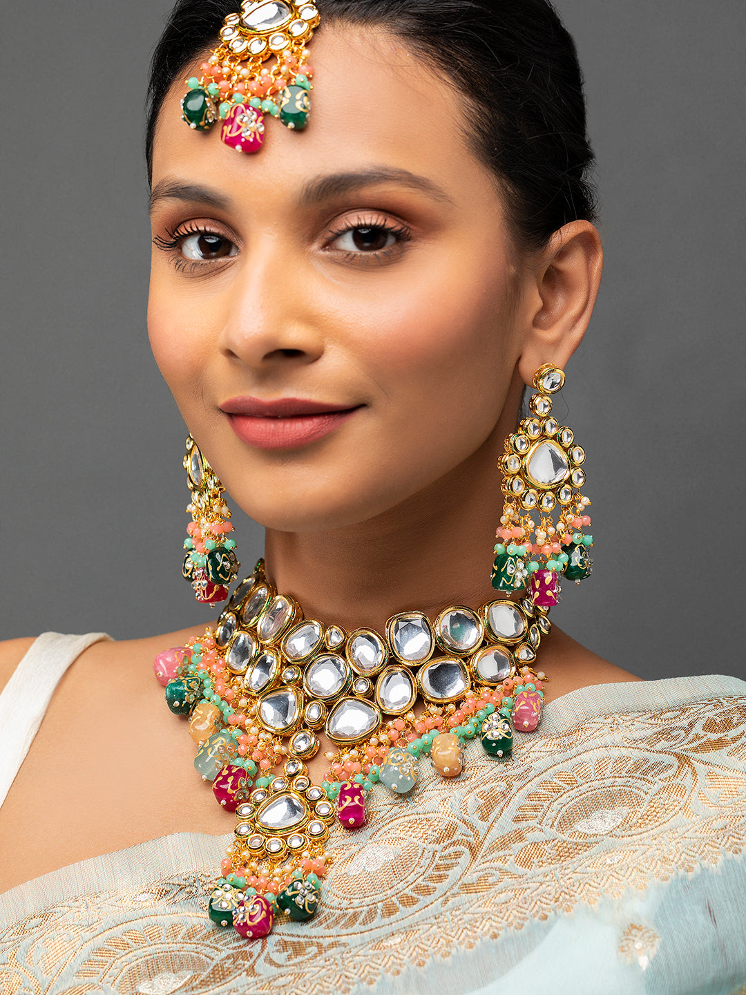 Priyaasi Multicolor Kundan Beaded Gold-Plated Jewellery Set with Maangtikka