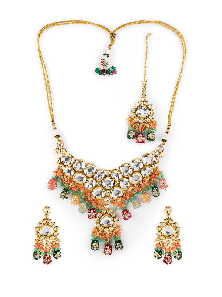 Priyaasi Multicolor Kundan Beaded Gold-Plated Jewellery Set with Maangtikka