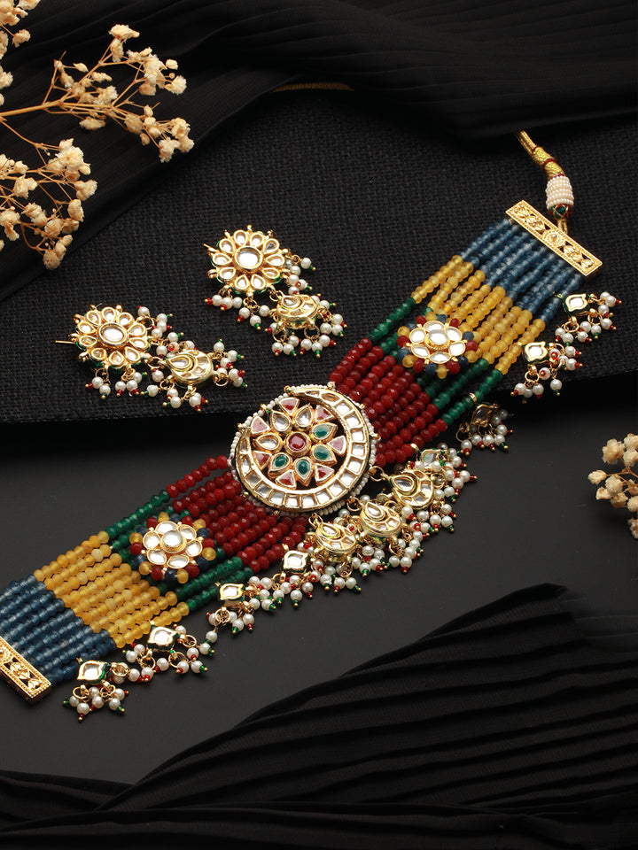 Priyaasi Multicolor Floral Studded Layered Gold-Plated Choker Jewellery Set