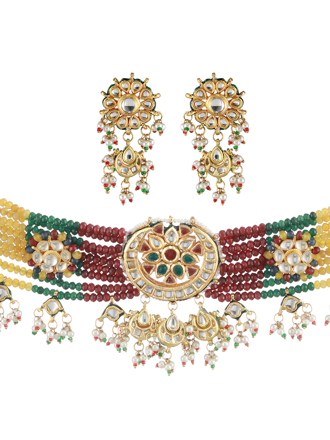 Multicolor Floral Studded Layered Gold-Plated Choker Jewellery Set