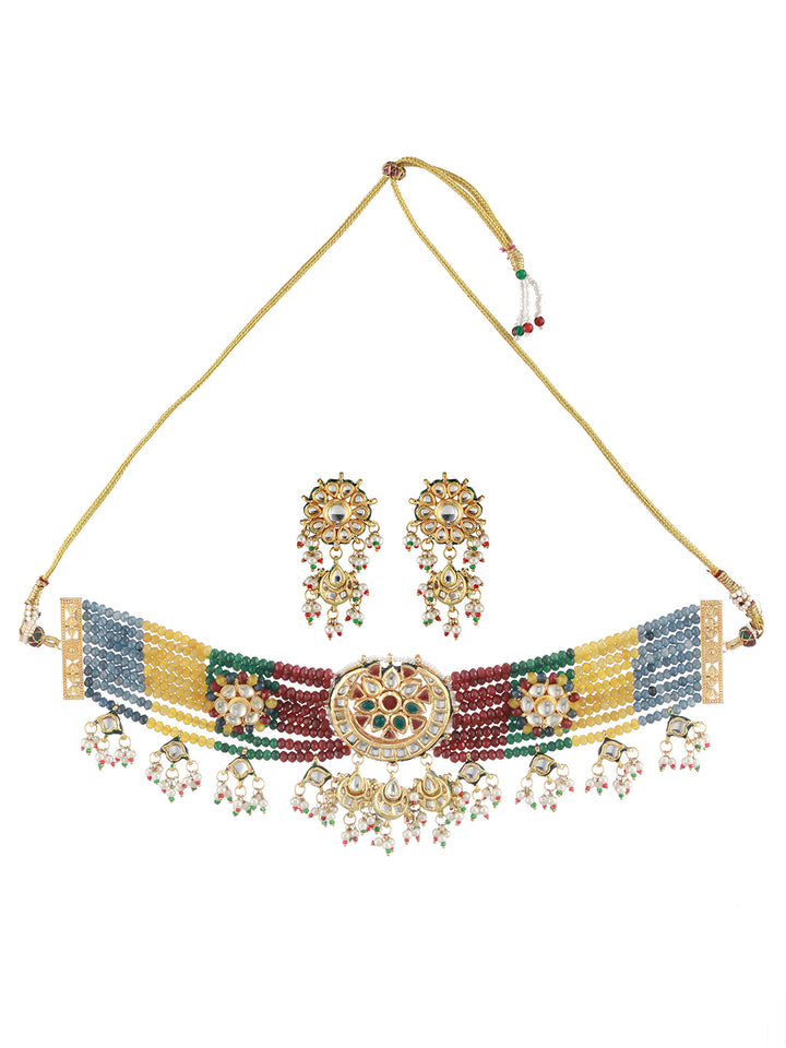 Multicolor Floral Studded Layered Gold-Plated Choker Jewellery Set