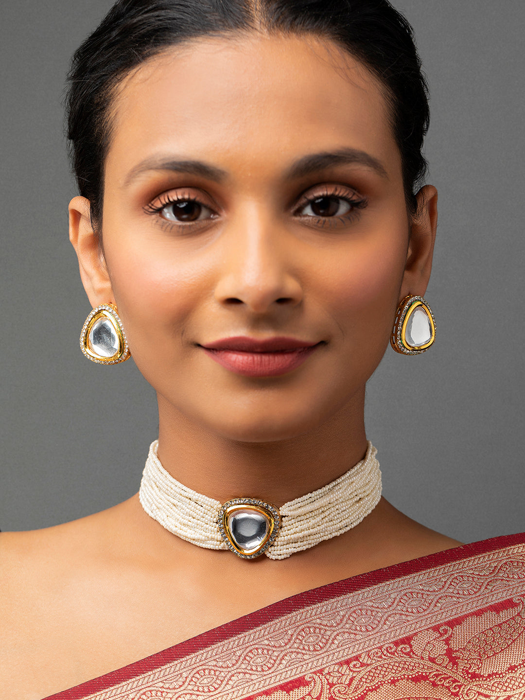 Priyaasi White Stone Studded Multilayer Gold-Plated Choker Jewellery Set