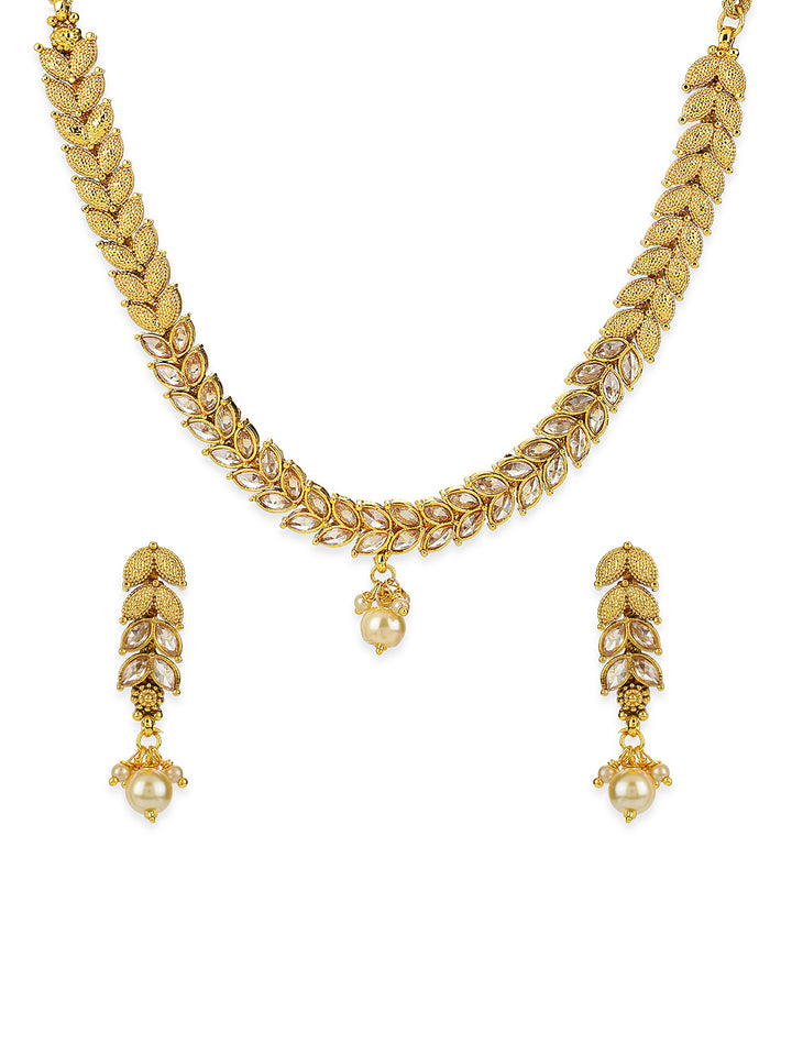 Pearls Stones Gold Plated Leaf Jewellery Set
