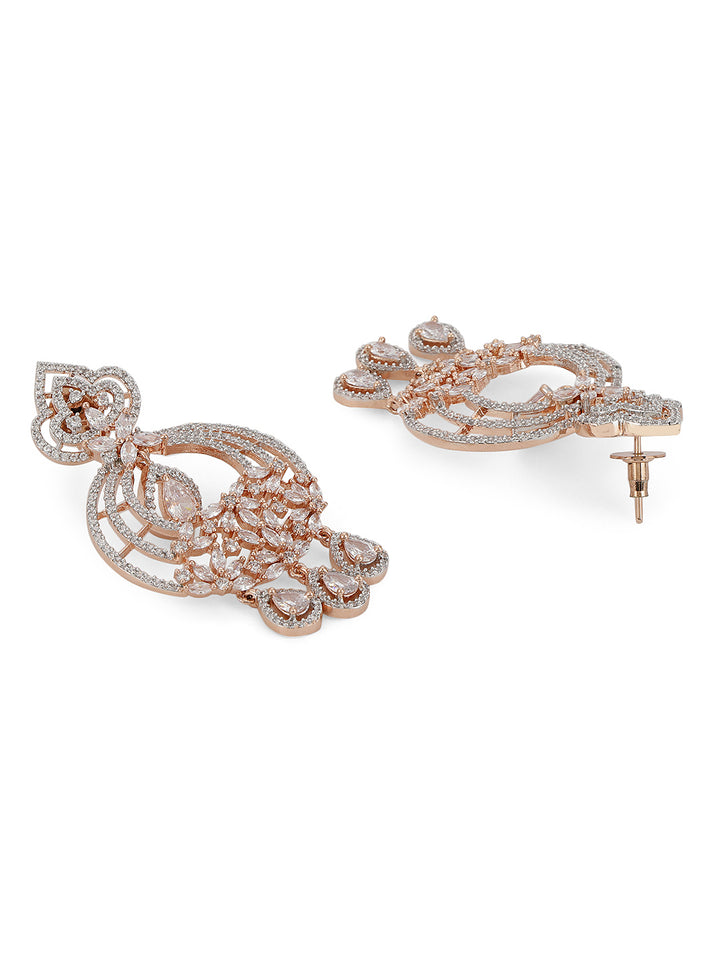 Scintillating Shine - Rose Gold-Plated American Diamond Studded Chandbali MaangTikka And Earrings Set