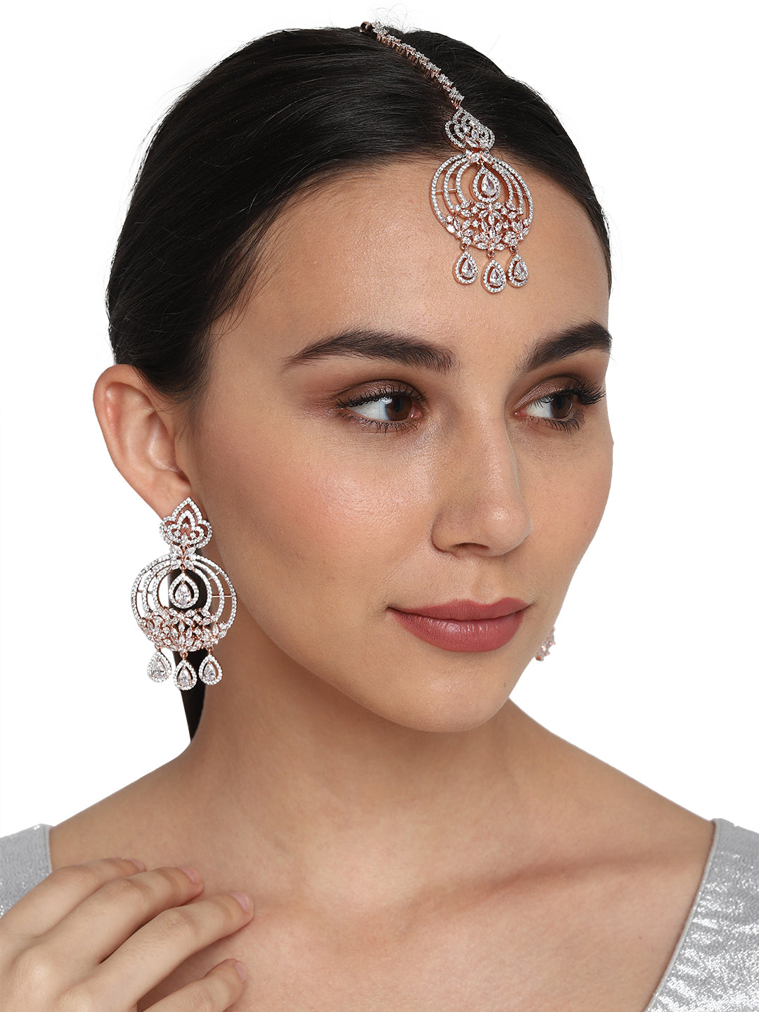 Scintillating Shine - Rose Gold-Plated American Diamond Studded Chandbali MaangTikka And Earrings Set