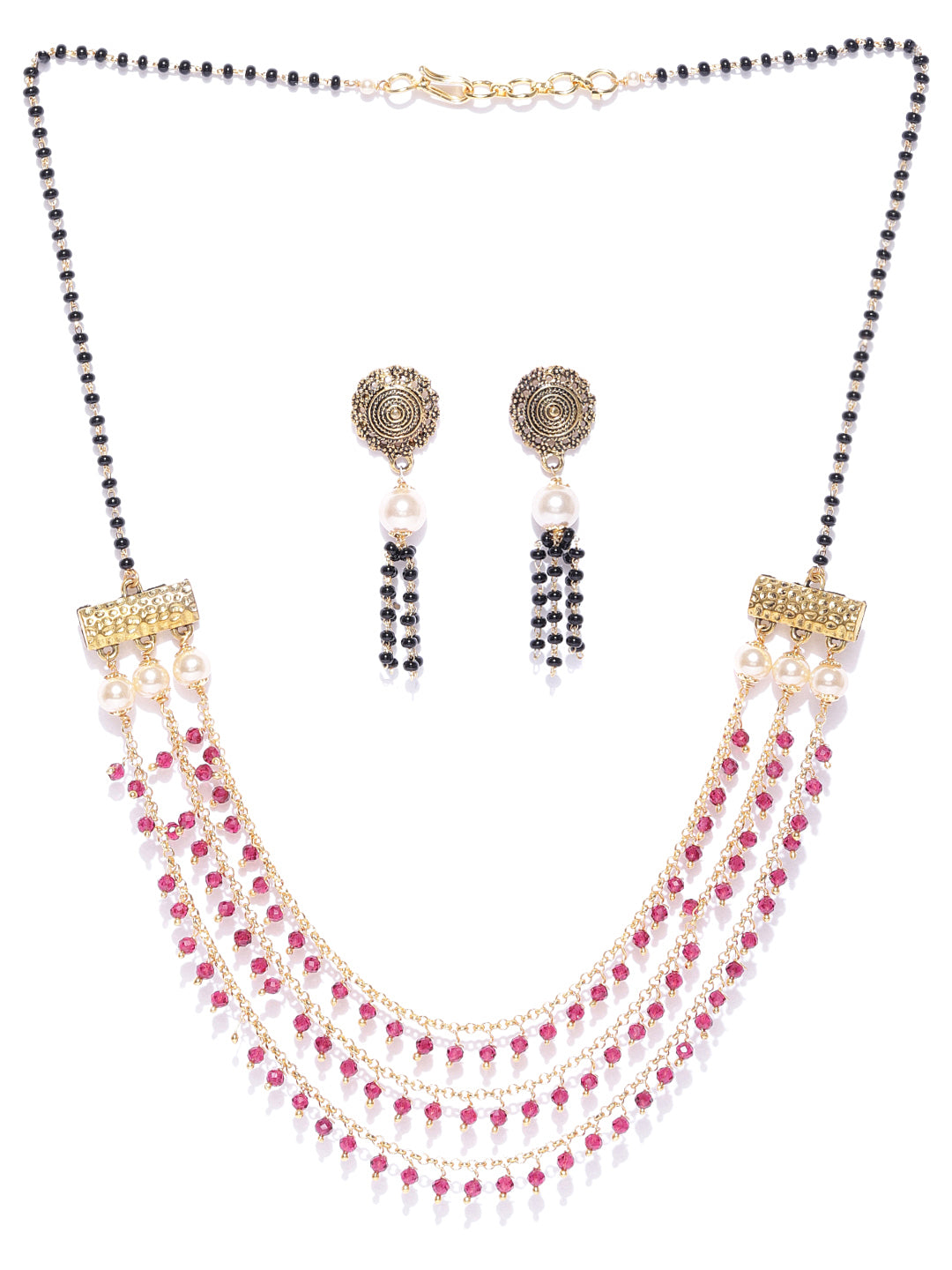 Triple Red Beaded Chains Mangalsutra With Earrings Set