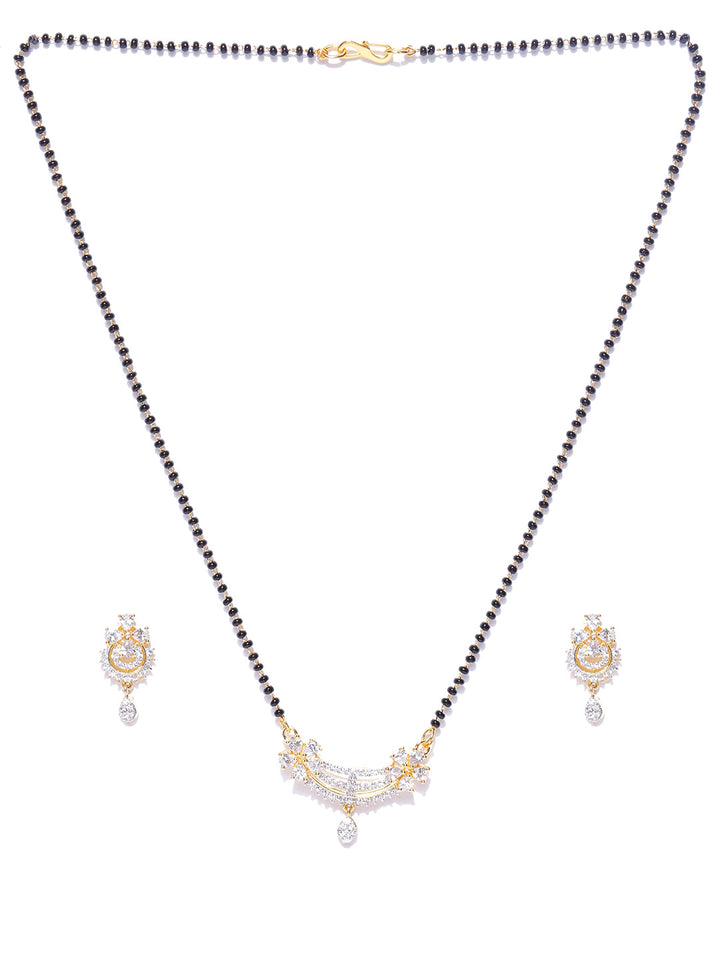 Floral American Diamond Gold Plated Mangalsutra With Earrings For Women