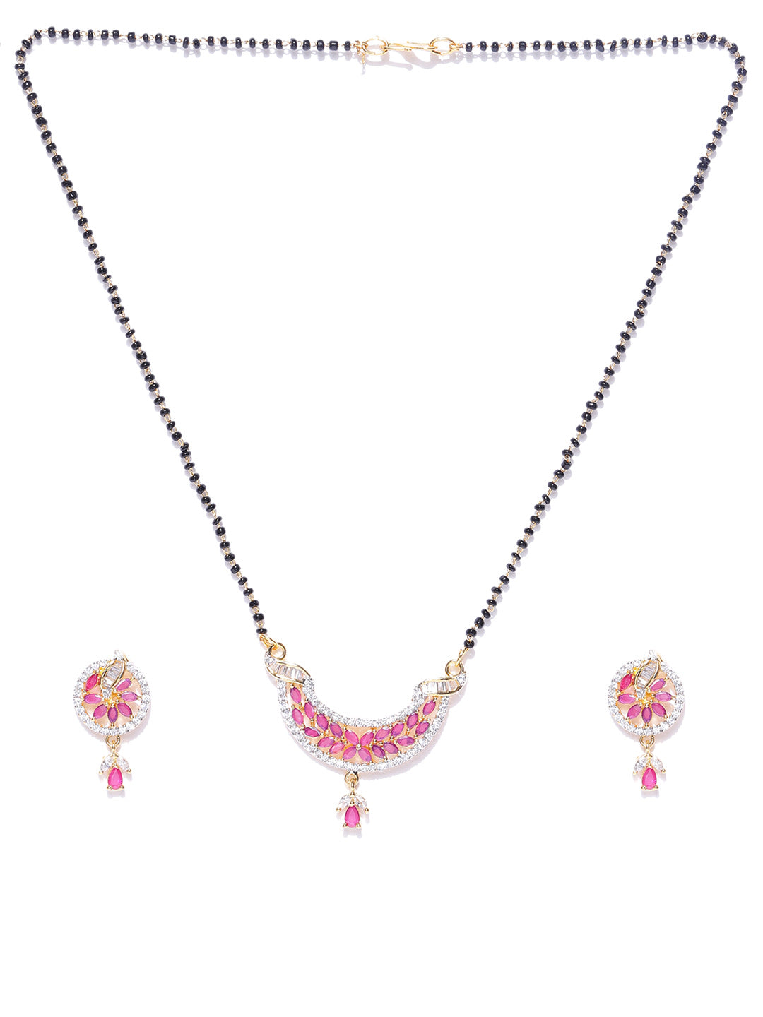 Graceful Leaf Shaped Pink And White American Diamond Mangalsutra Set For Women
