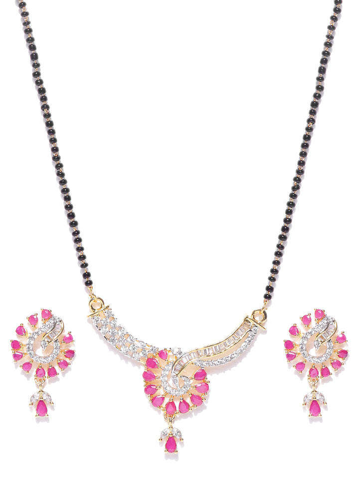 Gold Plated Pink And White Stone Studded Floral Mangalsutra For Women