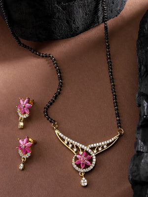 Designer Floral Goldplated Pink Stone Studded Mangalsutra Set For Women