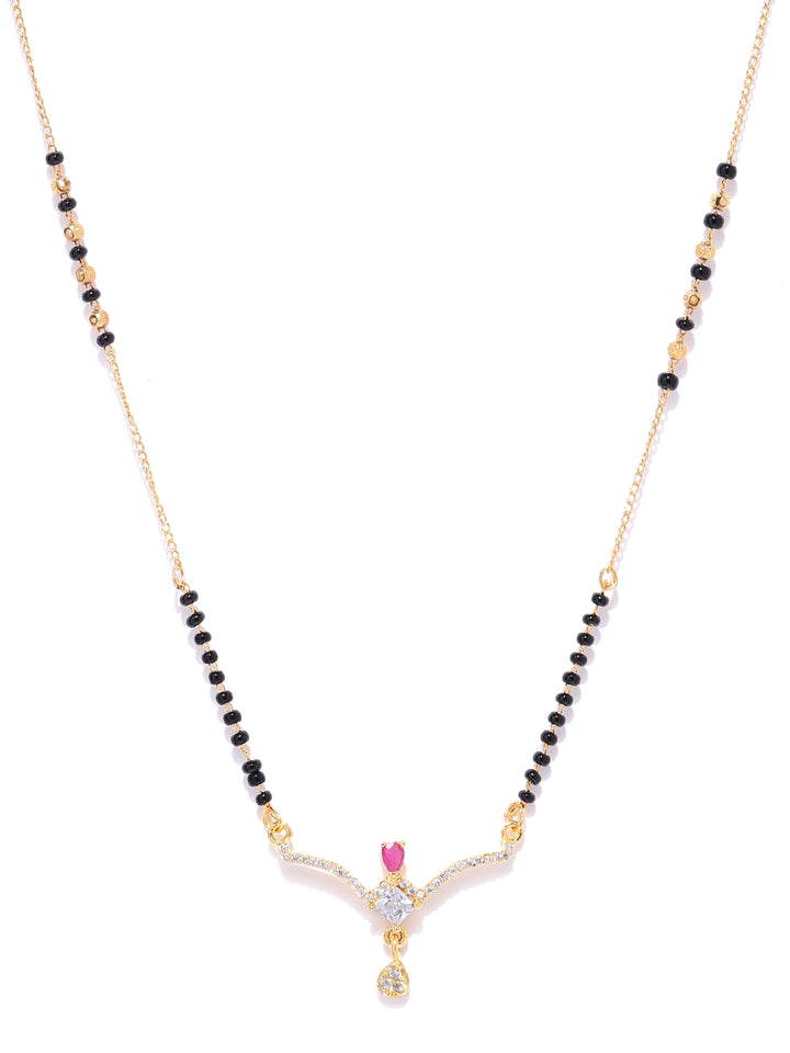 Gold-Plated AD, American Diamond Studded Black Beaded Chain Mangalsutra