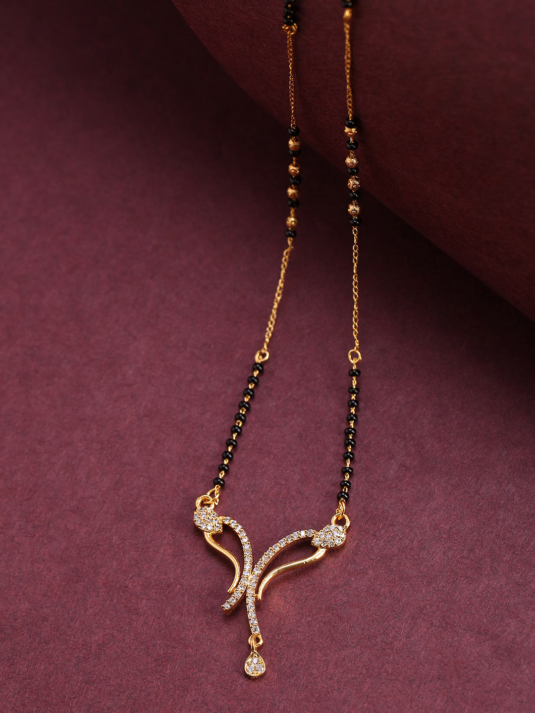 Gold-Plated AD, American Diamond Studded Black Beaded Chain Mangalsutra