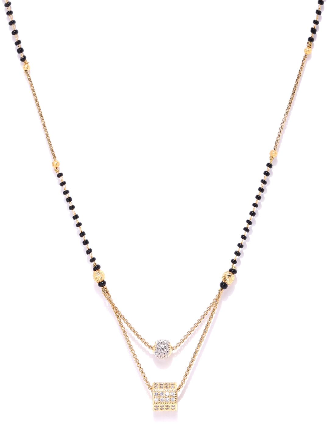 Gold-Plated AD Studded Geometric Pendant Black Beaded Chain Mangalsutra