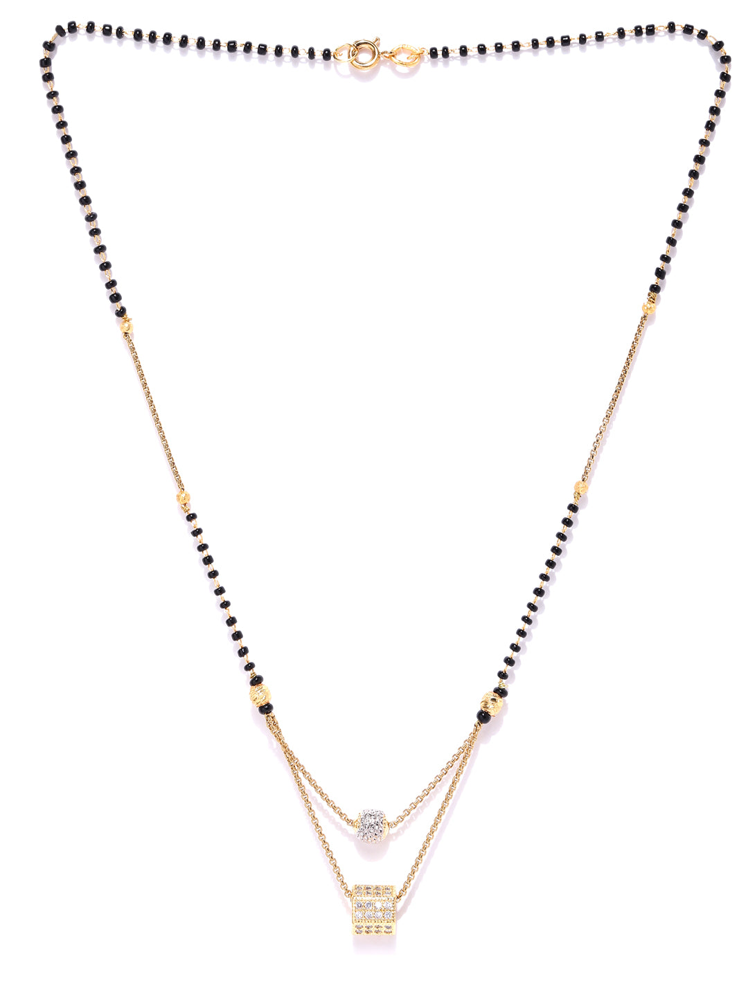 Gold-Plated AD Studded Geometric Pendant Black Beaded Chain Mangalsutra