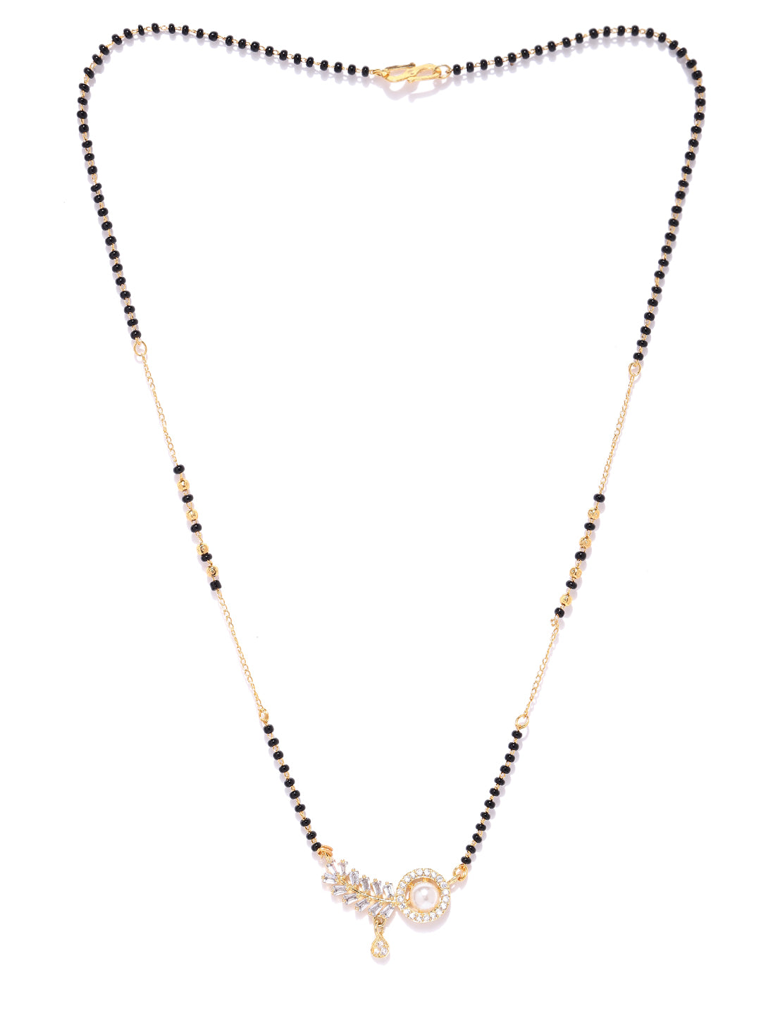 Gold-Plated AD Studded Leaf Design Pendant Black Beaded Chain Mangalsutra