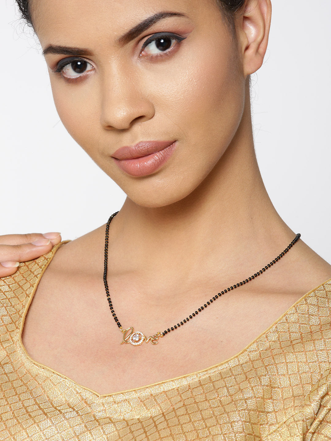 Gold-Plated AD Studded LOVE Message Mangalsutra With Black Beads Chain