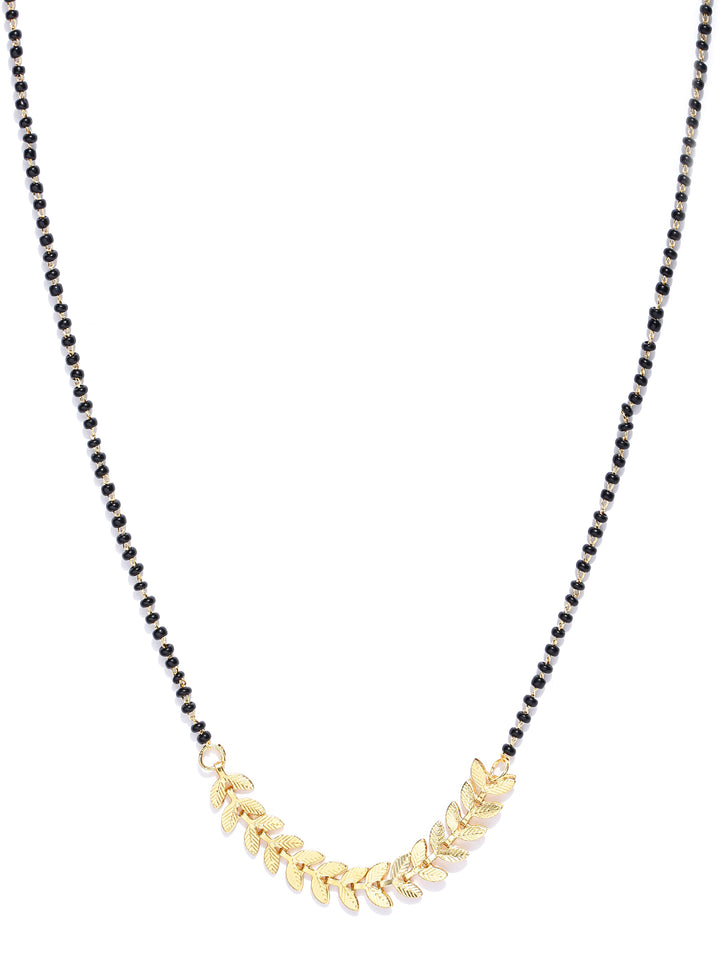 Gold-Plated Leaf Design Black Beads Chain Mangalsutra