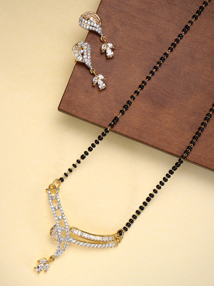 Gold- Plated American Diamond Studded V Shaped Floral Drop Mangalsuta Set