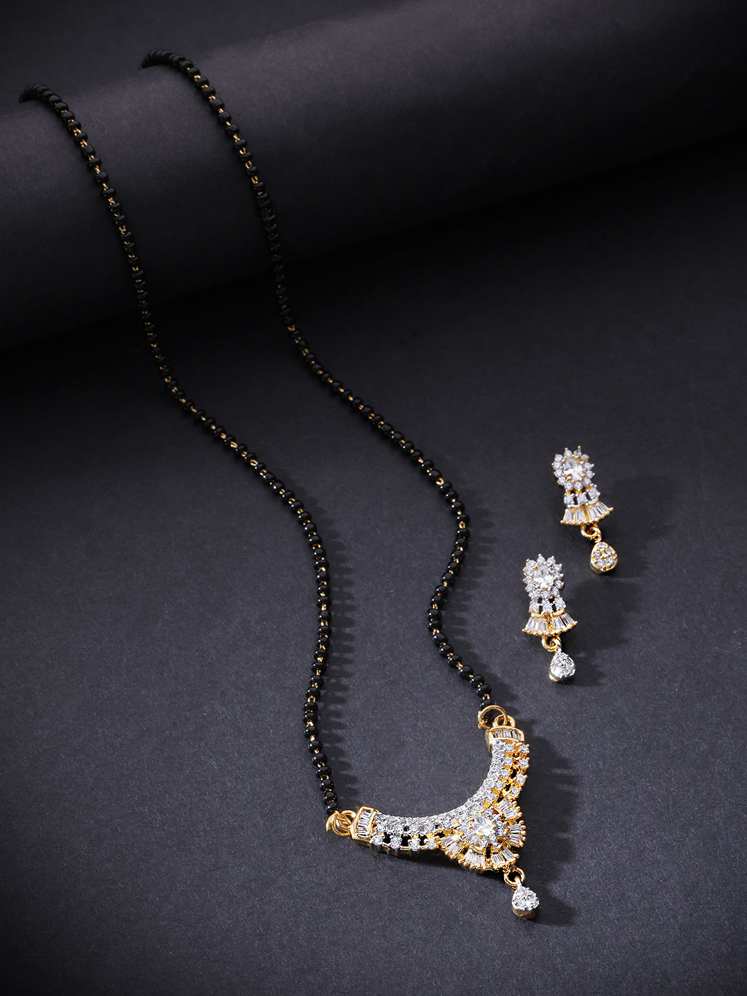 Gold-Plated American Diamond Studded Floral Design Mangalsutra Set