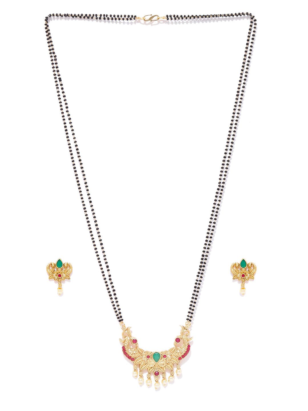 Matte Gold Peacock And Floral Inspired Dual Beaded Chain Mangalsutra Set