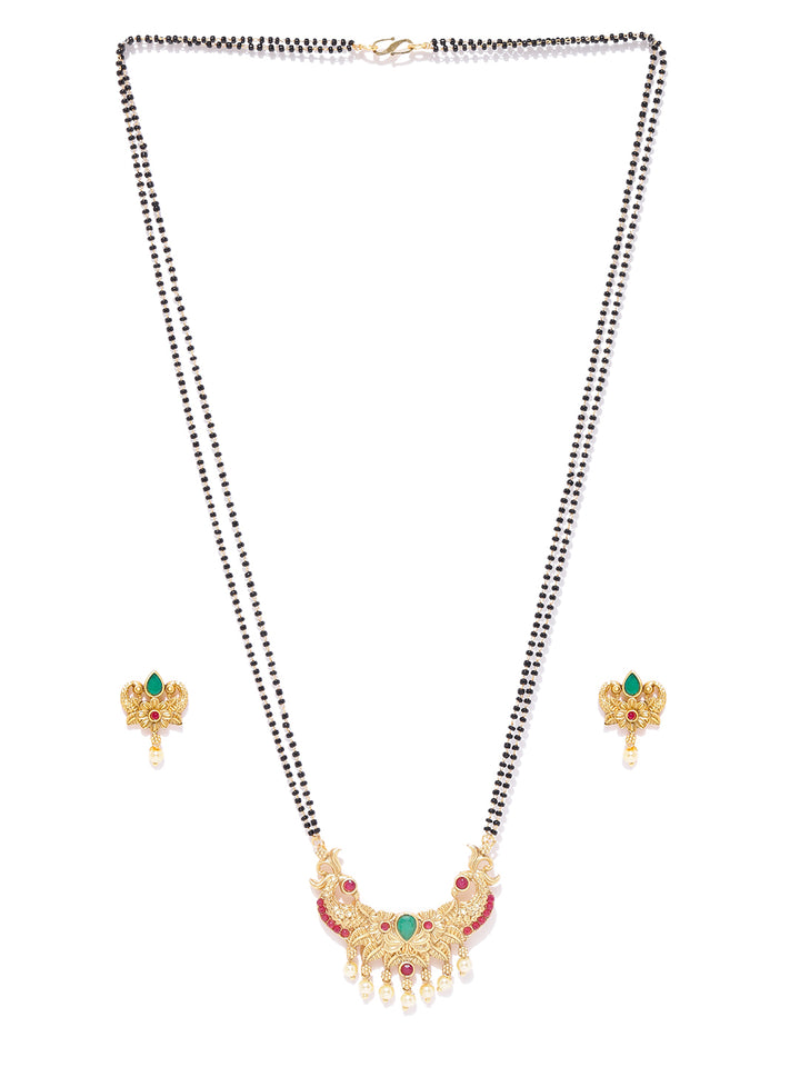 Matte Gold Peacock And Floral Inspired Dual Beaded Chain Mangalsutra Set