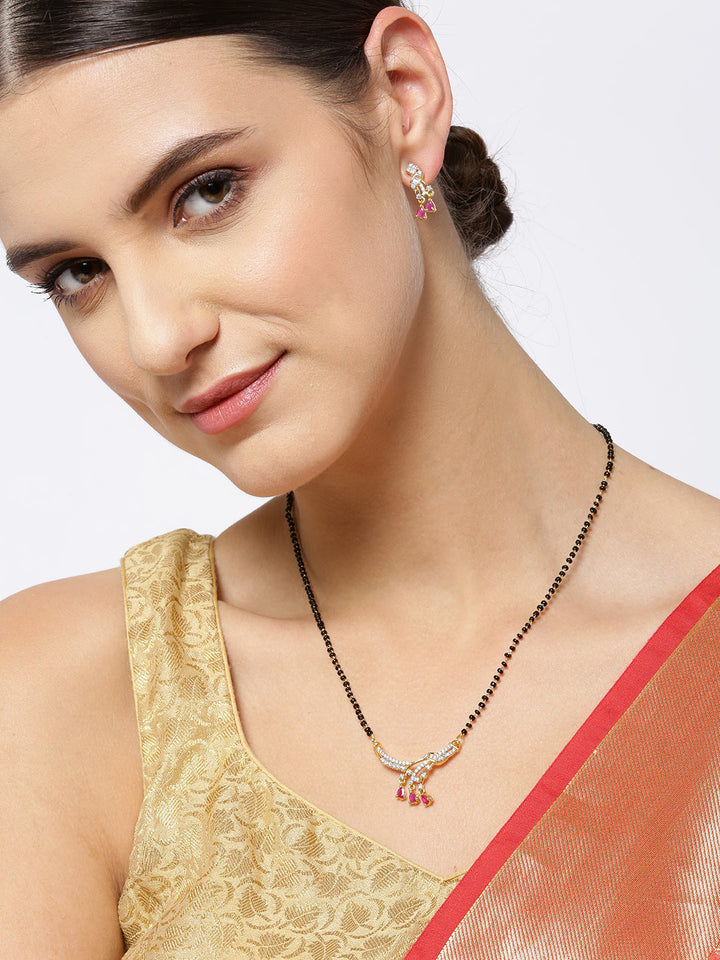 Gold-Plated American Diamond and Ruby Studded Mangalsutra Set with Earrings
