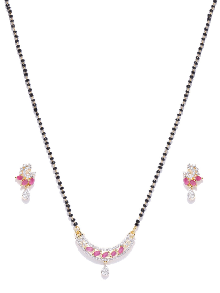 Gold-Plated American Diamond and Ruby Studded Mangalsutra Set with Earrings in Floral Pattern