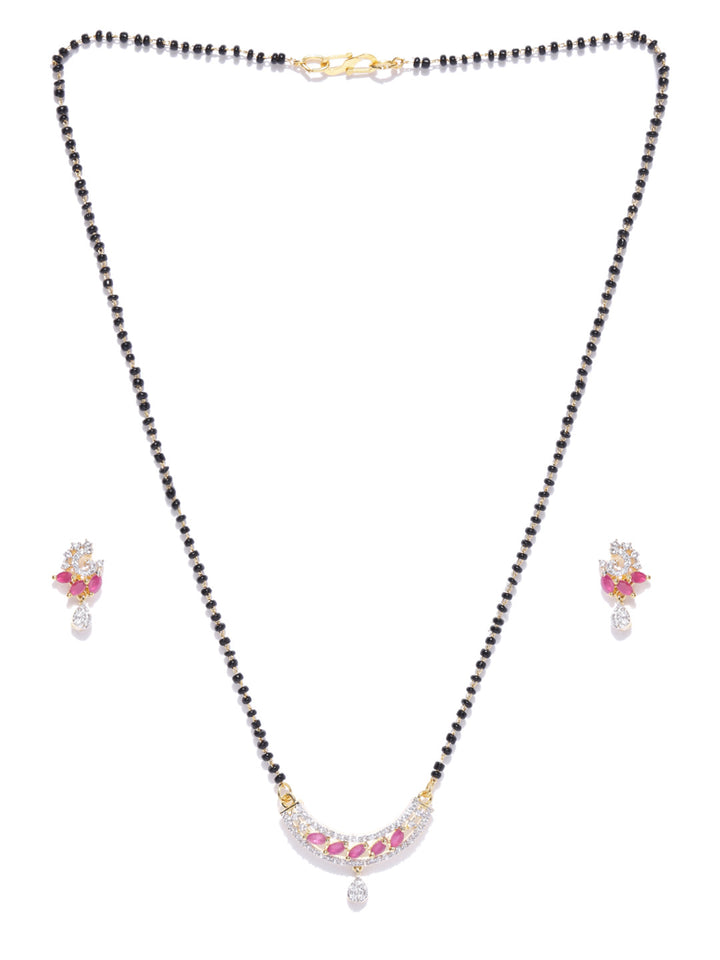 Gold-Plated American Diamond and Ruby Studded Mangalsutra Set with Earrings in Floral Pattern