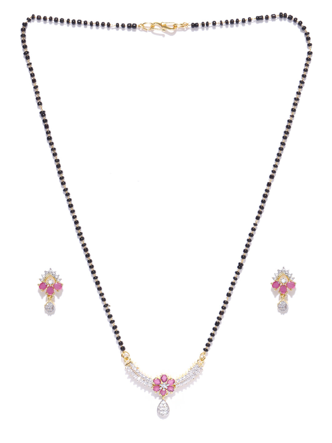 Gold-Plated American Diamond and Ruby Studded Floral Patterned Mangalsutra Set with Earrings