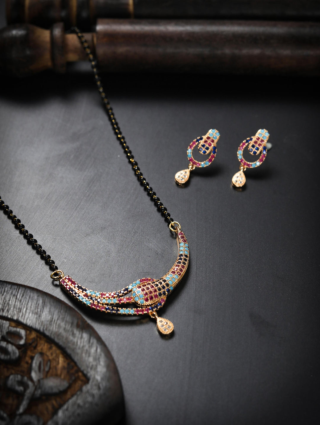 Multi-Color American Diamond Rose Gold Plated Mangalsutra Set