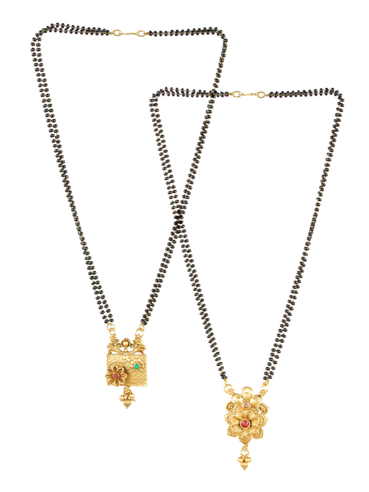 Priyaasi Studded Floral Black Bead Gold-Plated Mangalsutra Set of 2