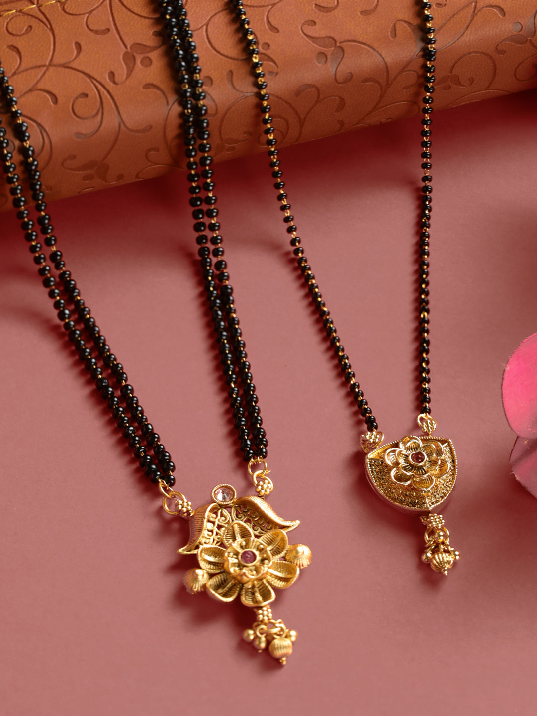 Priyaasi Traditional Floral Black Gold-Plated Mangalsutra Set of 2