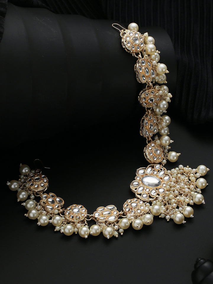 White Floral Kundan Pearl Link Gold-Plated Mathapatti