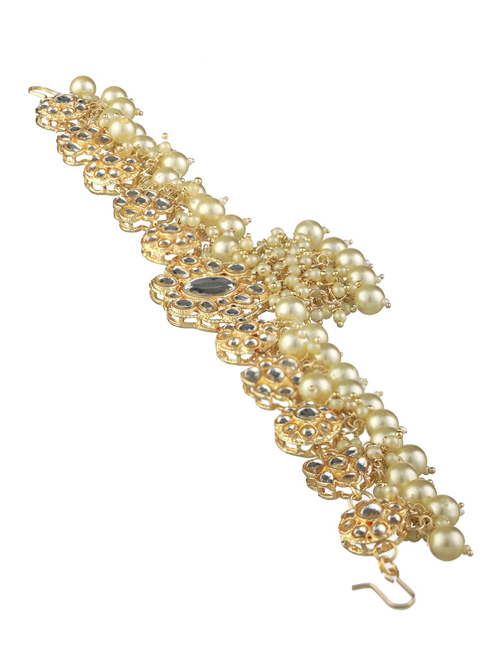 White Floral Kundan Pearl Link Gold-Plated Mathapatti