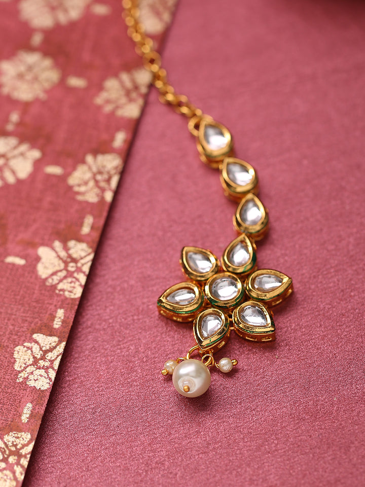 Gold-Plated Kundan Stone Studded Floral MaangTikka For Women