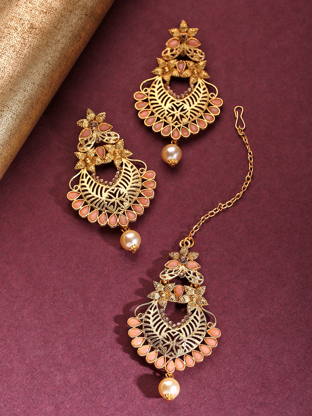 Gold-Plated Peach Color Stone Studded Floral MaangTikka With Drop Earrings Set