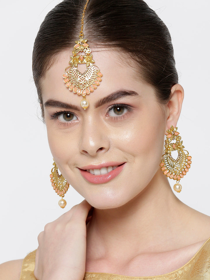 Gold-Plated Peach Color Stone Studded Floral MaangTikka With Drop Earrings Set