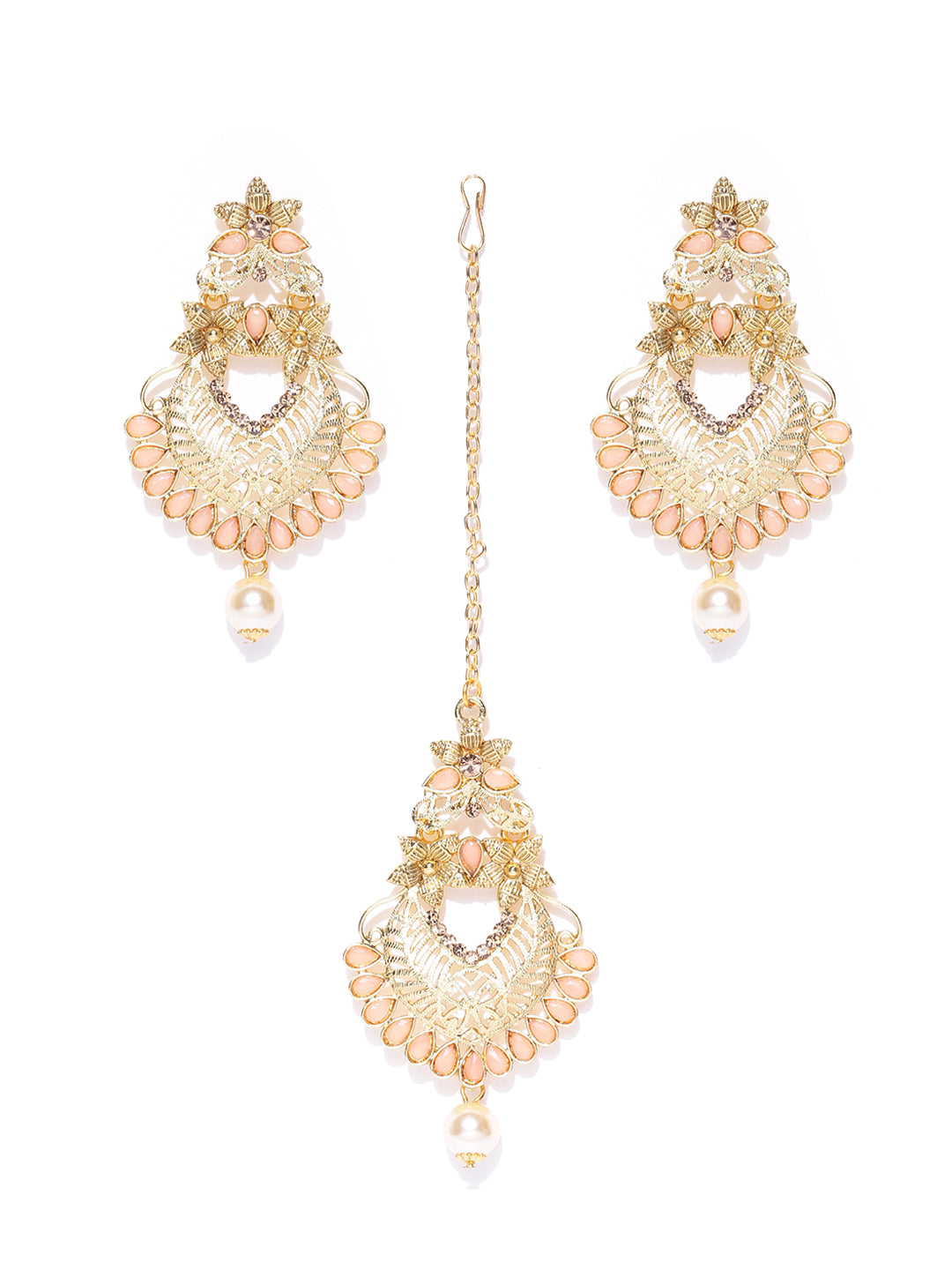 Gold-Plated Peach Color Stone Studded Floral MaangTikka With Drop Earrings Set
