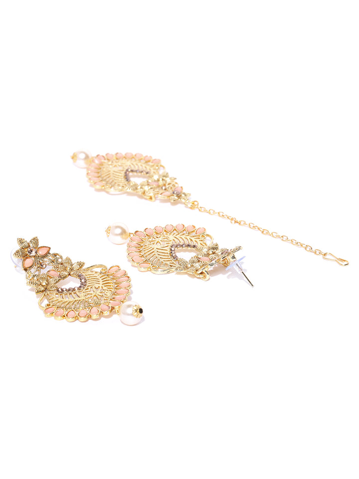 Gold-Plated Peach Color Stone Studded Floral MaangTikka With Drop Earrings Set